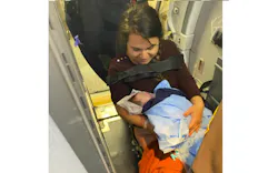 Firefighters helped deliver a new baby girl after arriving on a flight from Mexico to Atlanta. Firefighters helped deliver a new baby girl after arriving on a flight from Mexico to Atlanta.