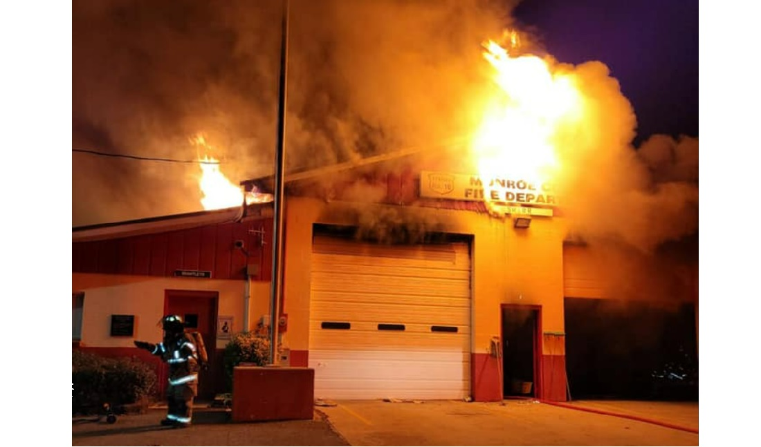 Heavy fire breaks through the roof of Monroe County Emergency Services Station 10 on Nov. 27.