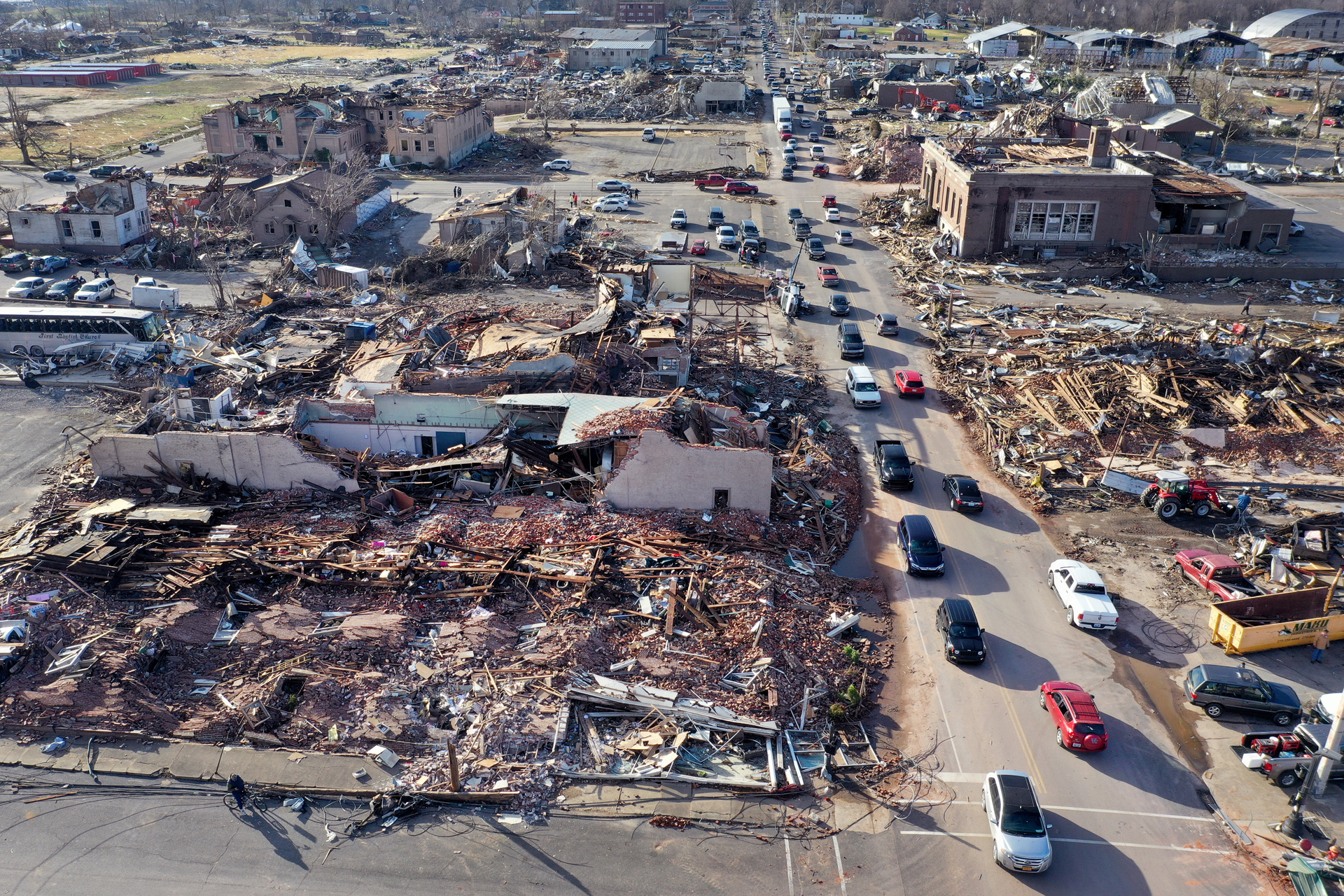 An aerial view shows the destruction Mayfield, Kentucky.