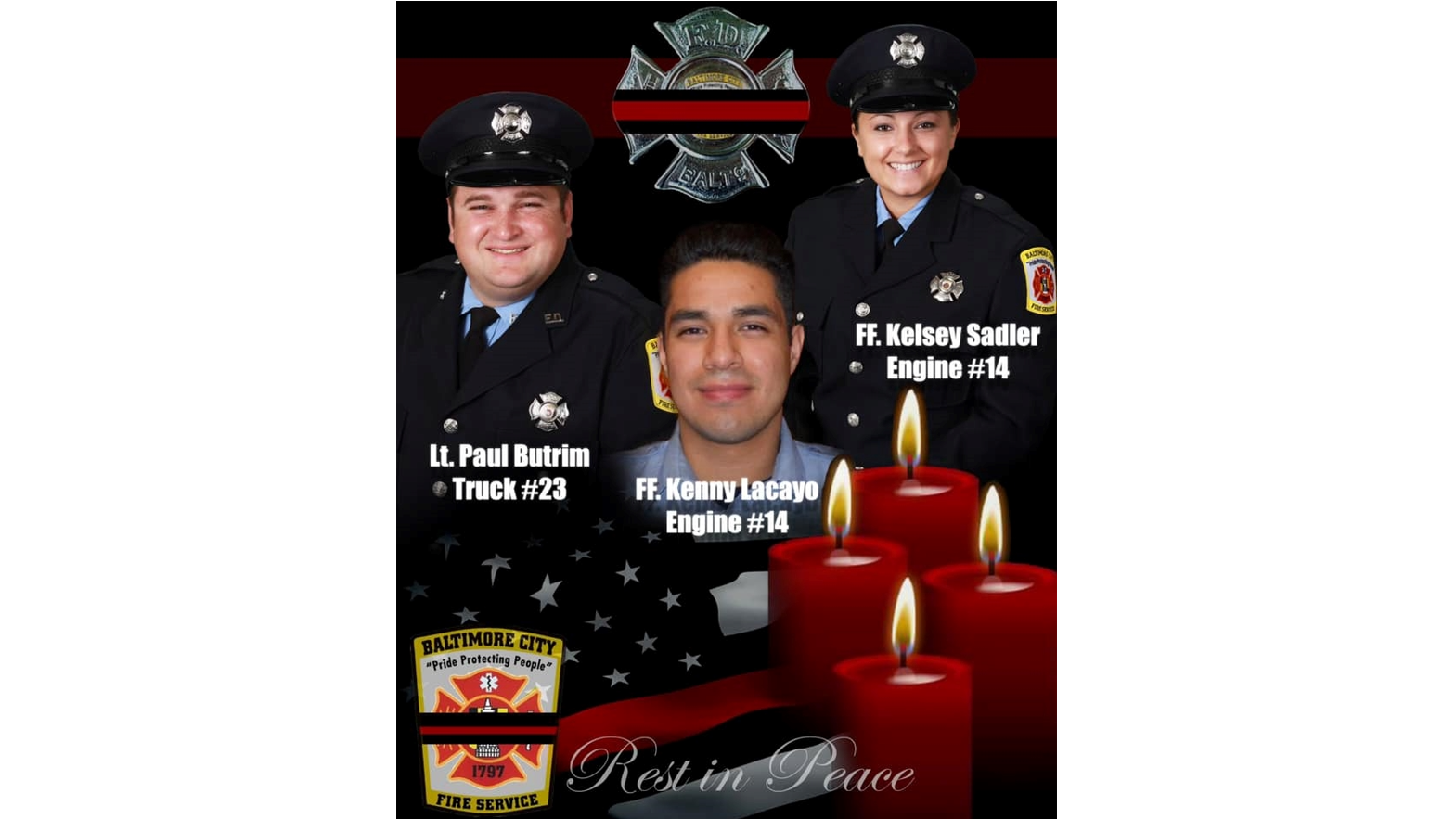 Killed in the rowhome collapse were Lt. Paul Butrim (left to right), EMT/Firefighter Kenny Lacayo, and Paramedic/Firefighter Kelsey Sadler.