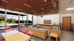 The dayroom/dining room of the Seven Corners Fire Station in Fairfax County, VA, leads out to a patio that provides views of trees. The trees and the patio’s slightly raised stance help to give a subconscious feeling of control over the territory, in an effort to reduce member stress. The dayroom/dining room of the Seven Corners Fire Station in Fairfax County, VA, leads out to a patio that provides views of trees. The trees and the patio’s slightly raised stance help to give a subconscious feeling of control over the territory, in an effort to reduce member stress.