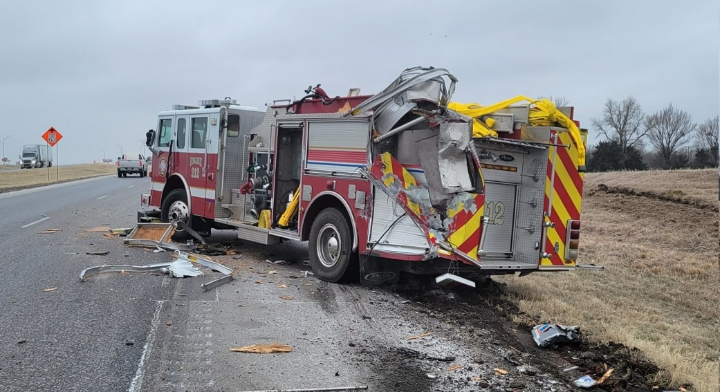 Sunset Fire Department Engine 212 sustained heavy damage while blocking at an accident scene.