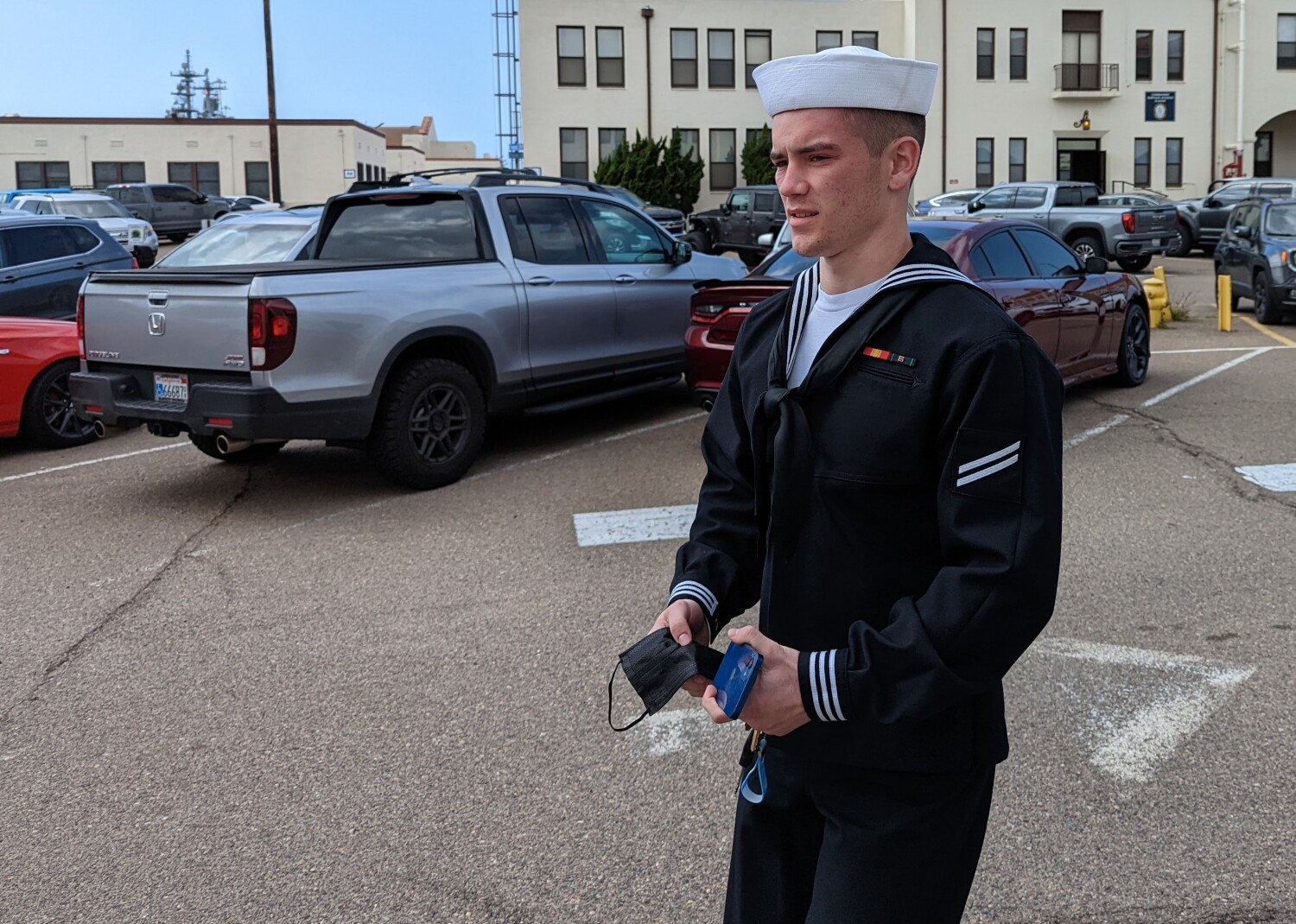 Seaman Recruit Ryan Sawyer Mays leaves a Naval Base San Diego Courthouse Thursday after being arraigned at a general court-martial for allegedly setting fire to the amphibious assault ship Bonhomme Richard in July 2020.
