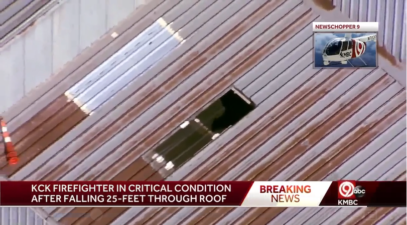 A Kansas City firefighter fell through a skylight while assisting police Friday.
