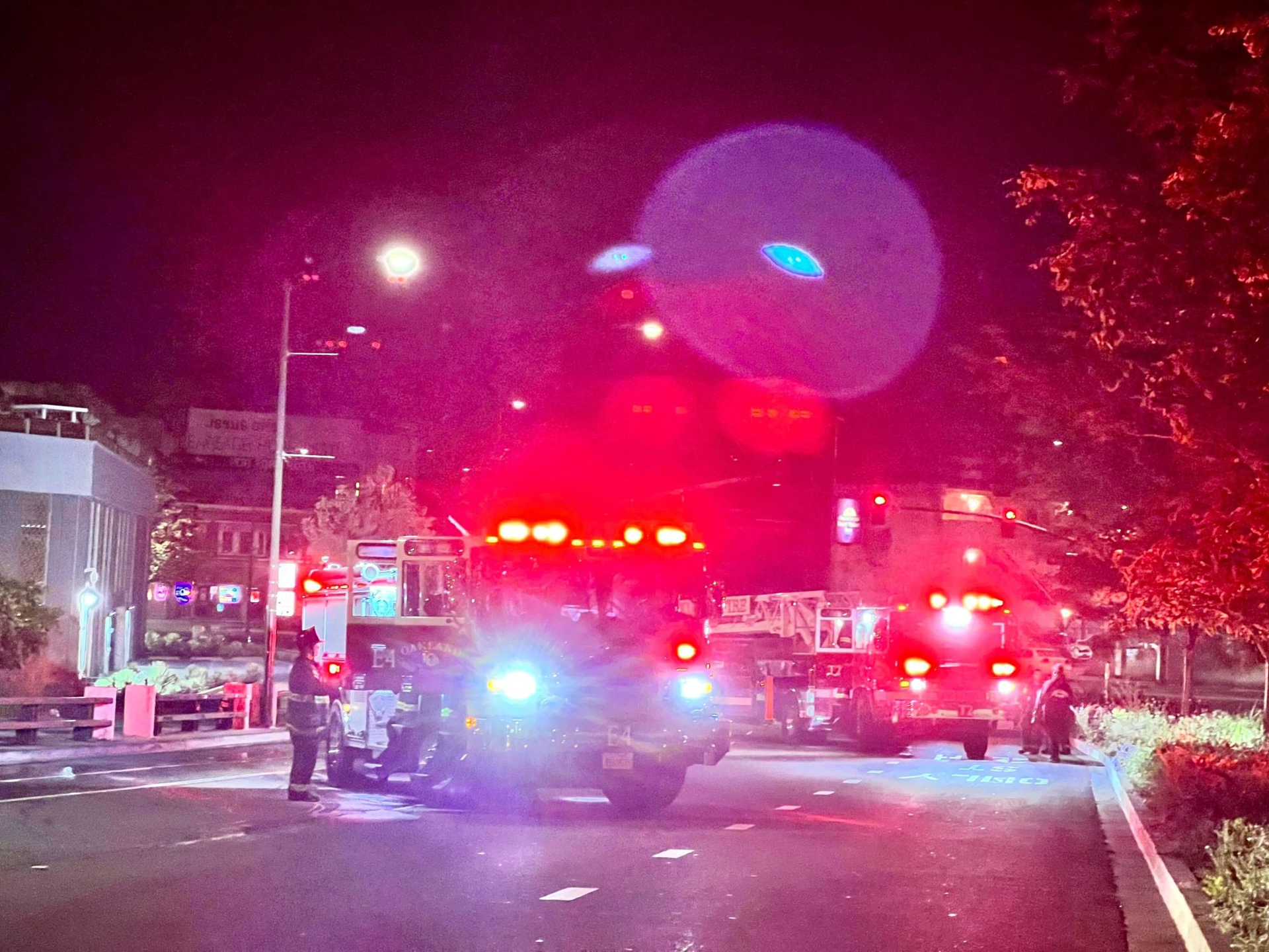 A fire broke out under a bridge at the south end of Lake Merritt in Oakland, California, on Thursday, April 28, 2022.