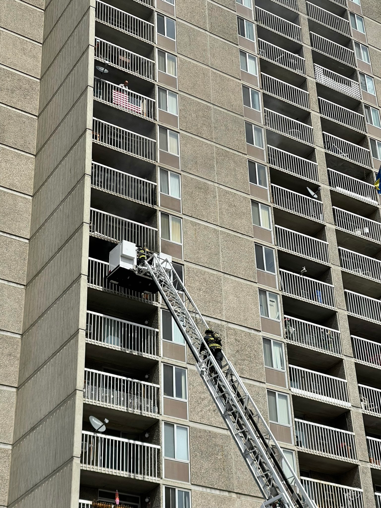 Cheif Brain Schaffer posted this photo from the third-alarm high-rise fire at 217 W Spokane Falls. One victim was rescued via tower 1. Several more patients were treated.