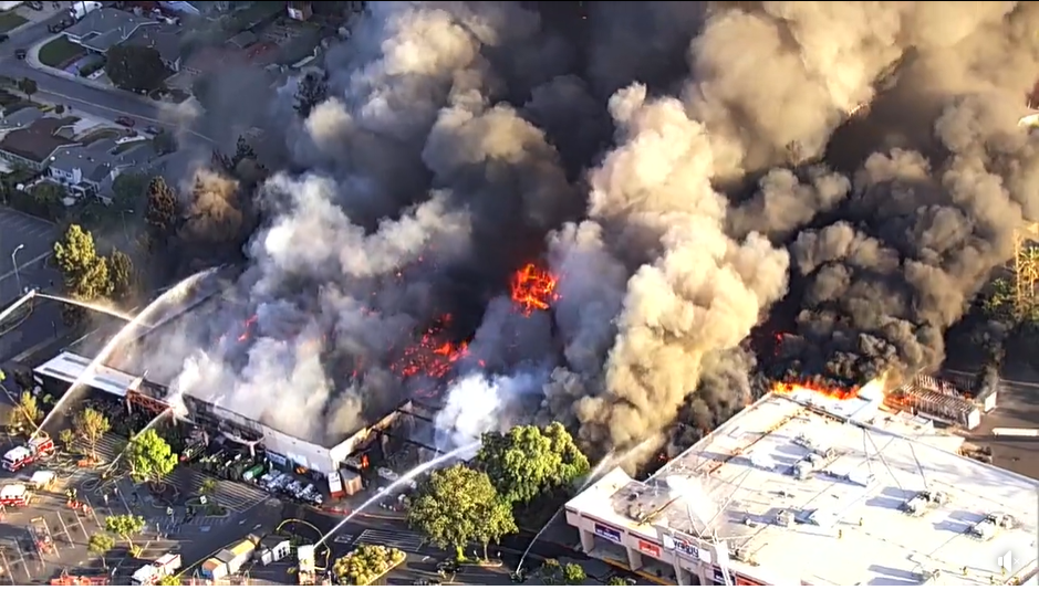 Firefighters battled a five-alarm fire that ripped through a Home Depot story in south San Jose.