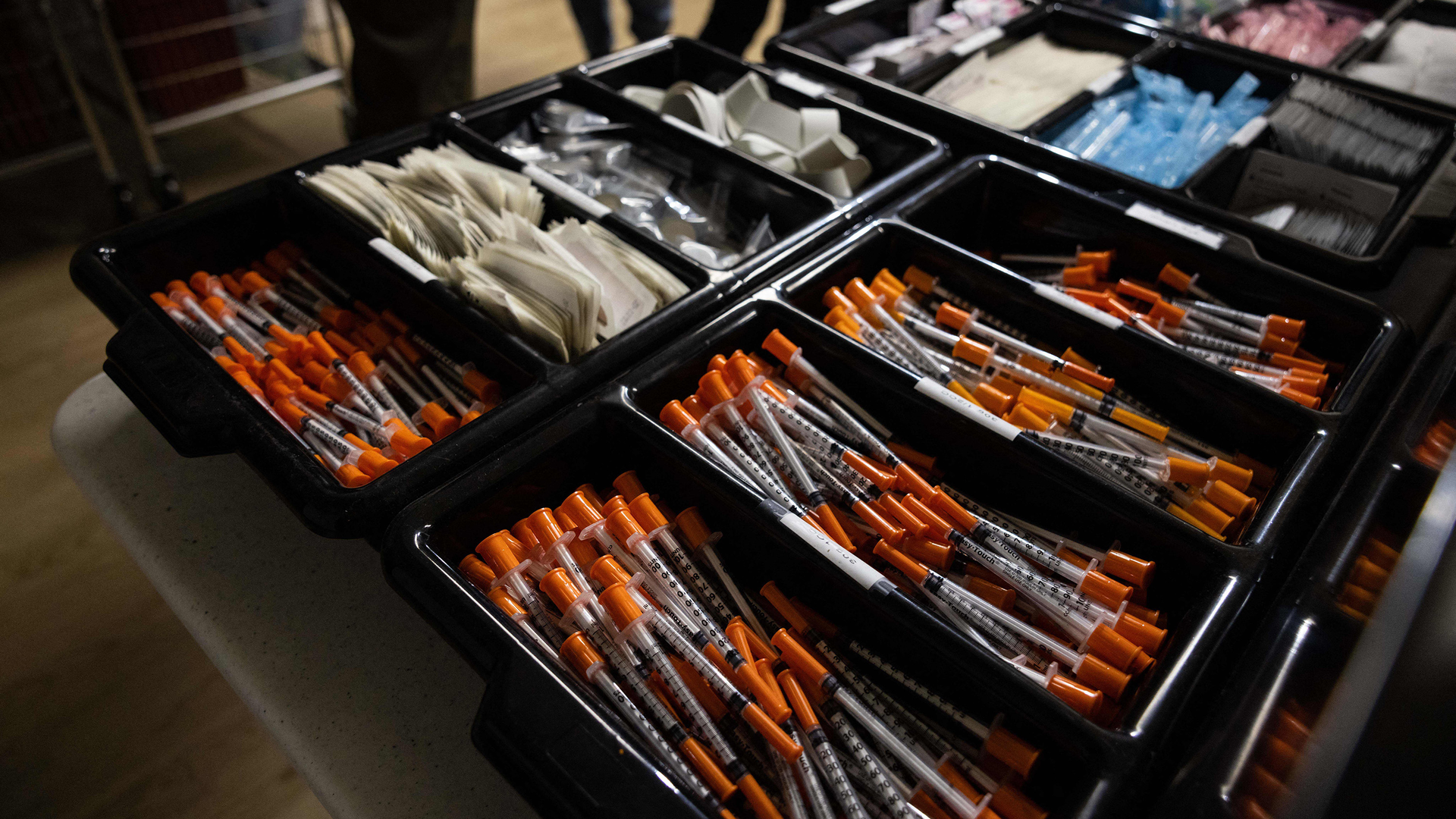 Syringes and other medical equipment were on display during a media tour of the OnPoint supervised drug injection site, in New York in November 2021.