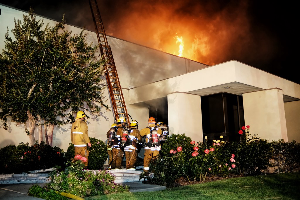 Dozens of Los Angeles firefighters battled a multiple-alarm blaze in a commercial building.