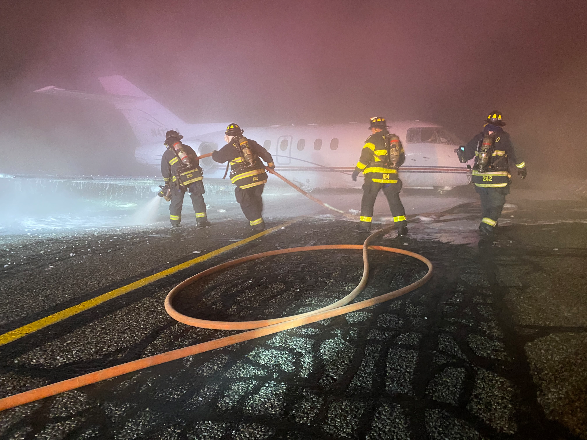 Use a fog or taskforce-type nozzle to fight an aircraft fire, so you can change patterns of the hose stream. Typically, a cone pattern is recommended for fire attack.
