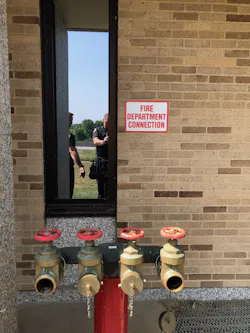 The test header, which is designed to facilitate water discharge during the annual fire pump test, consists of male threads and, sometimes, gate valves, the latter of which often are located on an exterior wall very near to the pump room. The test header, which is designed to facilitate water discharge during the annual fire pump test, consists of male threads and, sometimes, gate valves, the latter of which often are located on an exterior wall very near to the pump room.