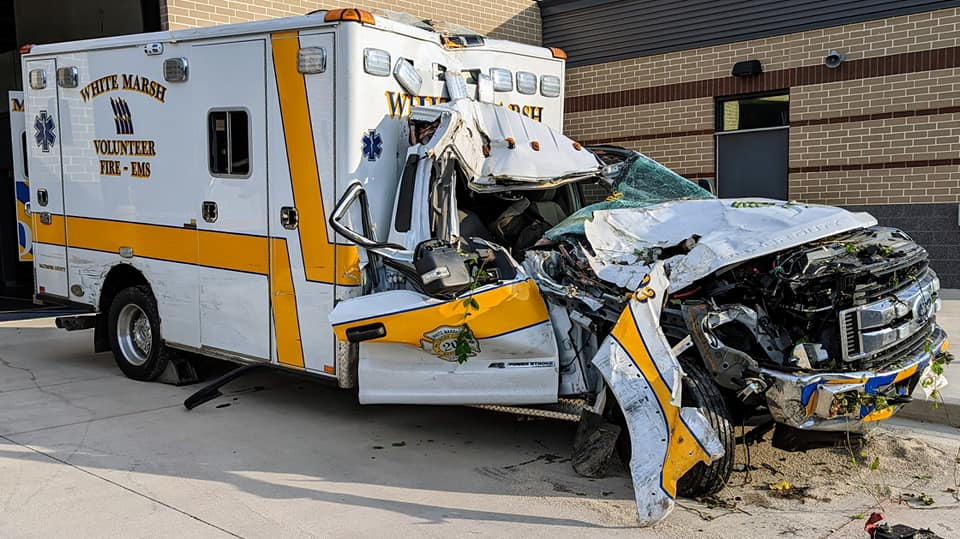 The White Marsh Volunteer Fire Company ambulance was struck and then went off the road.