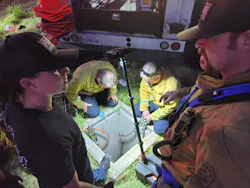 Contra Costa County Fire Protection District (Con Fire) put three plans into action simultaneously to rescue a trapped individual from an 18-inch drainage pipe. Plan B, which ultimately was employed, called for members to enter a sewer a grate that was located on a sloped area above grade from the drainage pipe. This would give rescuers access to a vault that was 150 feet from the end of the pipe. Contra Costa County Fire Protection District (Con Fire) put three plans into action simultaneously to rescue a trapped individual from an 18-inch drainage pipe. Plan B, which ultimately was employed, called for members to enter a sewer a grate that was located on a sloped area above grade from the drainage pipe. This would give rescuers access to a vault that was 150 feet from the end of the pipe.