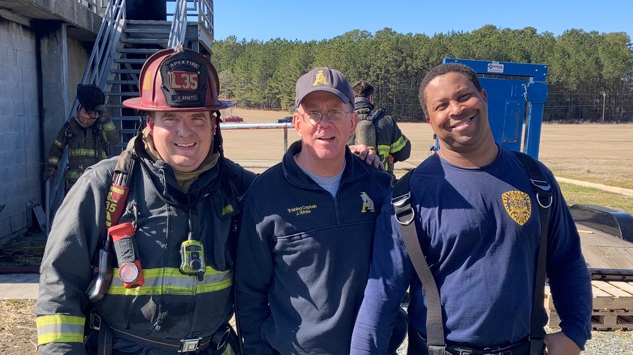 Apex Fire Department&rsquo;s Training Coordinator John White (center) was named the winner of the 2022 VCOS Training Officer Award. White is pictured here with Lt. Ryan Arnett (left) and Lt. Antonio Fuller during an event at the agency&rsquo;s training center.