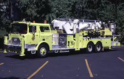 During the 1970s, several departments adopted a lime green paint scheme for new apparatus, such as this 1975 Mack CF 75-foot tower ladder of the West Nyack, NY, Fire Department. Note that the boom on the tower was painted white, which was common for this era and enhanced visibility during fireground operations. During the 1970s, several departments adopted a lime green paint scheme for new apparatus, such as this 1975 Mack CF 75-foot tower ladder of the West Nyack, NY, Fire Department. Note that the boom on the tower was painted white, which was common for this era and enhanced visibility during fireground operations.