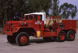 At one time, the Camp Pendleton Marine Corps Base operated a number of these rebuilt American General M813A1 wildland rigs. These units were designed with a floating tank cradle, which enabled the vehicles to safely ascend steep grades. Note the protective roll bar around the forward-facing crew seats. At one time, the Camp Pendleton Marine Corps Base operated a number of these rebuilt American General M813A1 wildland rigs. These units were designed with a floating tank cradle, which enabled the vehicles to safely ascend steep grades. Note the protective roll bar around the forward-facing crew seats.