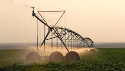 An irrigation pivot waters a crop of sugar beets south of Meridian. An irrigation pivot waters a crop of sugar beets south of Meridian.