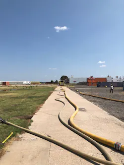 Here, dual supply lines were laid between the engine that’s pumping the hydrant and the primary attack engine. Here, dual supply lines were laid between the engine that’s pumping the hydrant and the primary attack engine.