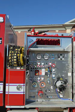The pump panels on all GFRD engines were designed to ease operations for the engineer while providing good access to the pump, piping and systems for routine maintenance. Note the use of hand wheel controls for the two right-side 4-inch discharges. The pump panels on all GFRD engines were designed to ease operations for the engineer while providing good access to the pump, piping and systems for routine maintenance. Note the use of hand wheel controls for the two right-side 4-inch discharges.