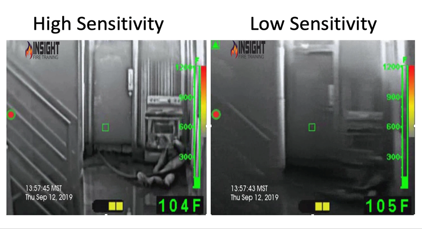 Photo 1: When a fire service TIC switches to low sensitivity, a loss of image clarity can occur in the cooler regions of the image. Note how the rescue manikin that&rsquo;s in the lower right-hand corner of the image is clearly visible to the TIC in high-sensitivity mode (left) but is less so to the TIC in low-sensitivity mode (right).