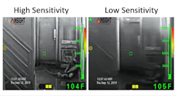 Photo 1: When a fire service TIC switches to low sensitivity, a loss of image clarity can occur in the cooler regions of the image. Note how the rescue manikin that’s in the lower right-hand corner of the image is clearly visible to the TIC in high-sensitivity mode (left) but is less so to the TIC in low-sensitivity mode (right). Photo 1: When a fire service TIC switches to low sensitivity, a loss of image clarity can occur in the cooler regions of the image. Note how the rescue manikin that’s in the lower right-hand corner of the image is clearly visible to the TIC in high-sensitivity mode (left) but is less so to the TIC in low-sensitivity mode (right).
