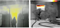 Photo 2: Not all 320x240 models of TICs perform the same regarding image quality, and this only will be evident by testing the devices in a range of varying temperatures within a fire environment. The photo on the left comes from an older model that has a stated resolution of 110,192 pixels. The photo on the right provides better resolution despite a stated resolution of 76,800 pixels. Photo 2: Not all 320x240 models of TICs perform the same regarding image quality, and this only will be evident by testing the devices in a range of varying temperatures within a fire environment. The photo on the left comes from an older model that has a stated resolution of 110,192 pixels. The photo on the right provides better resolution despite a stated resolution of 76,800 pixels.