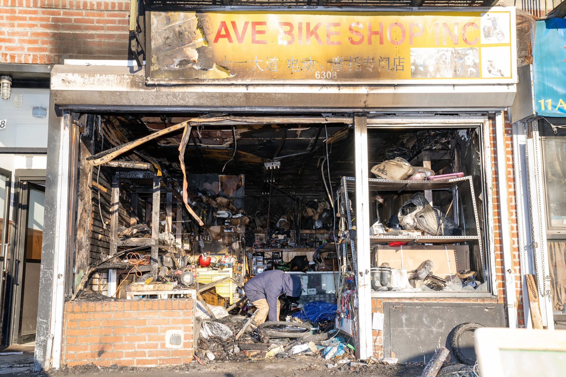A battery is blamed for sparking a fire in this bike store on Sunday.