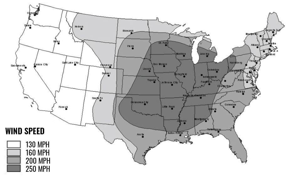 Figure 304.2(1). Values are nominal three-second gust wind speeds in miles per hour at 33 feet above ground for Exposure Category C. (Multiply miles per hour by 0.477 to obtain meters per second.) Location-specific storm shelter design wind speeds shall be permitted to be determined using the ATC Hazards by Location website (hazards.atcouncil.org).