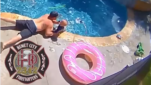Hemet Fire Department engineer paramedic Zachary Petite plucked his one-year-old from the pool after the child fell in.