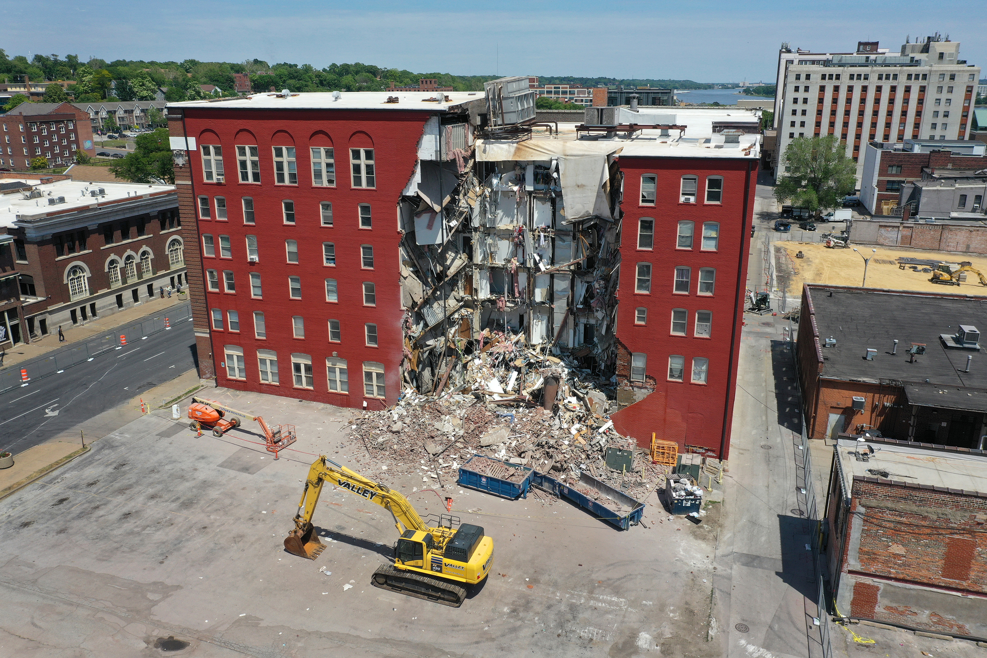 This May 29 photo shows the partial collapse of a six-story apartment building in Davenport, IA.