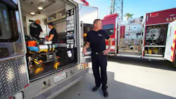 San Diego County Fire Engineer Paramedic Trey Nelson, waits outside the ambulance as firefighters, Robert Amaya (left) and Fernando Ayala (right) check medical supplies at the new San Diego County Station 60 in Borrego Springs, CA. San Diego County Fire Engineer Paramedic Trey Nelson, waits outside the ambulance as firefighters, Robert Amaya (left) and Fernando Ayala (right) check medical supplies at the new San Diego County Station 60 in Borrego Springs, CA.