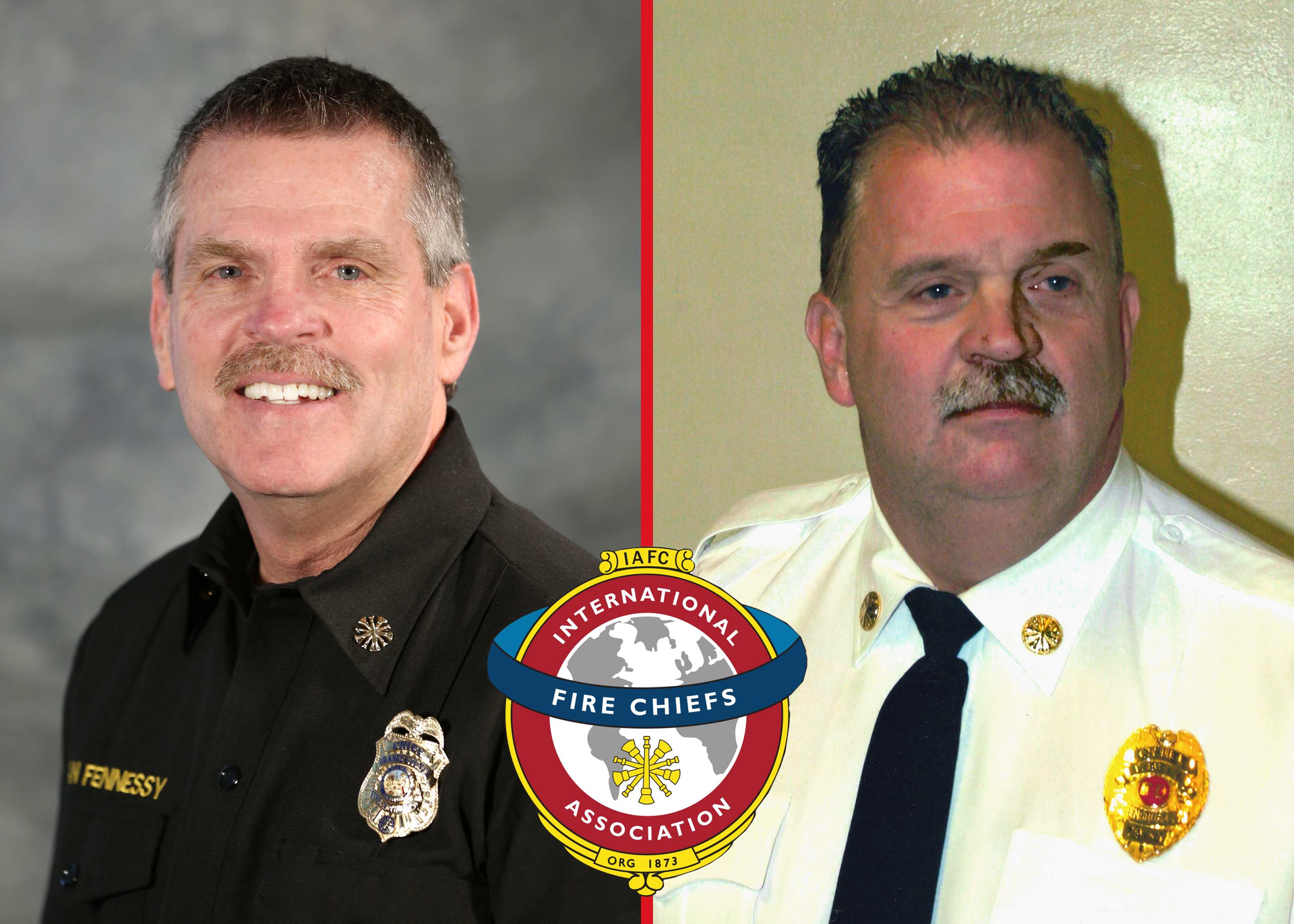 The 2023 IAFC Fire Chief of the Year honorees are Volunteer Fire Chief Thomas Bell (r.) of the Greensburg Volunteer Fire Department in Pennsylvania, and Career Fire Chief Brian Fennessy of the Orange County Fire Authority (OCFA) in California.