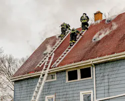 Two roof ladders that are placed approximately four feet apart provide the platform upon which two firefighters can make a Milwaukee cut to ventilate a house that has a steep roof. Two roof ladders that are placed approximately four feet apart provide the platform upon which two firefighters can make a Milwaukee cut to ventilate a house that has a steep roof.