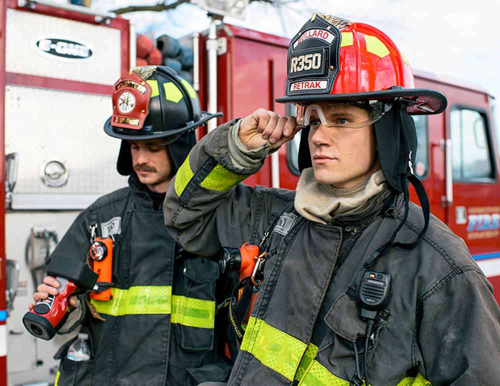 The ReTrak Integrated Visor is an innovative eye protection solution that slides up to stow inside the fire helmet shell when not in use.