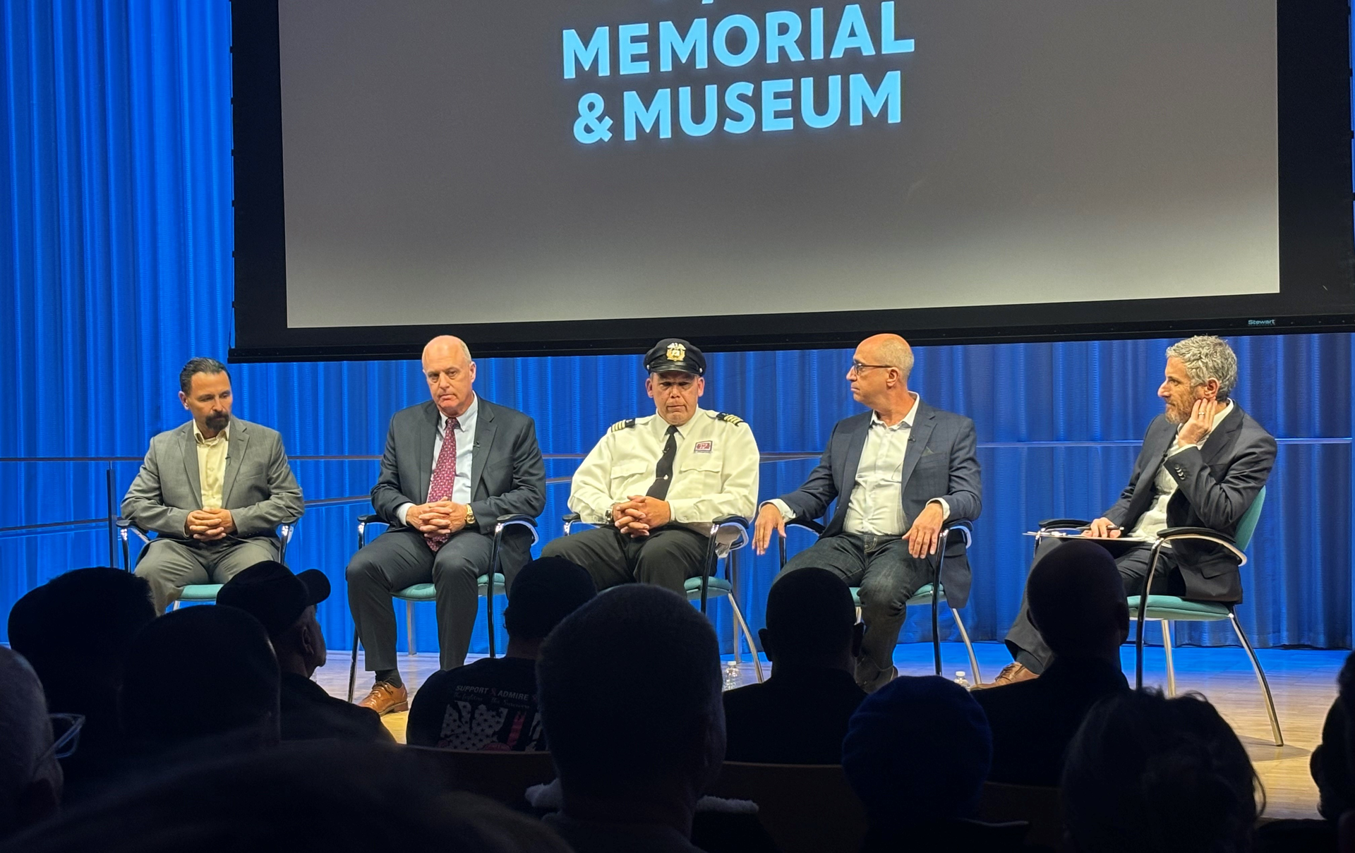 Noah Rauch (r.), senior vice president of Education & Public Programs at the museum moderated a panel discussion with (from l.) former FDNY Chief Marine Engineer Gulmar Parga, U.S. Coast Guard Safety & Security Division Chief John Hillin, NY Waterway Capt. Richard Thornton and Boatlift Director Eddie Rosenstein.