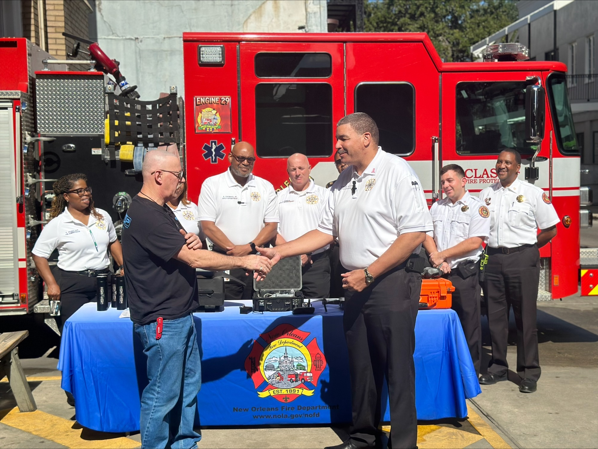 Mark Langley, CEO of NPS-DDP, was on-hand to present the drone and Public Safety specific accessories to NOFD Superintendent Roman Nelson.