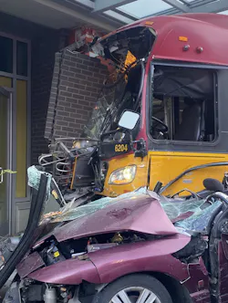 A pedestrian outside the Seattle building was killed and a car driver was rescued after a King County Metro bus crashed Saturday. A pedestrian outside the Seattle building was killed and a car driver was rescued after a King County Metro bus crashed Saturday.