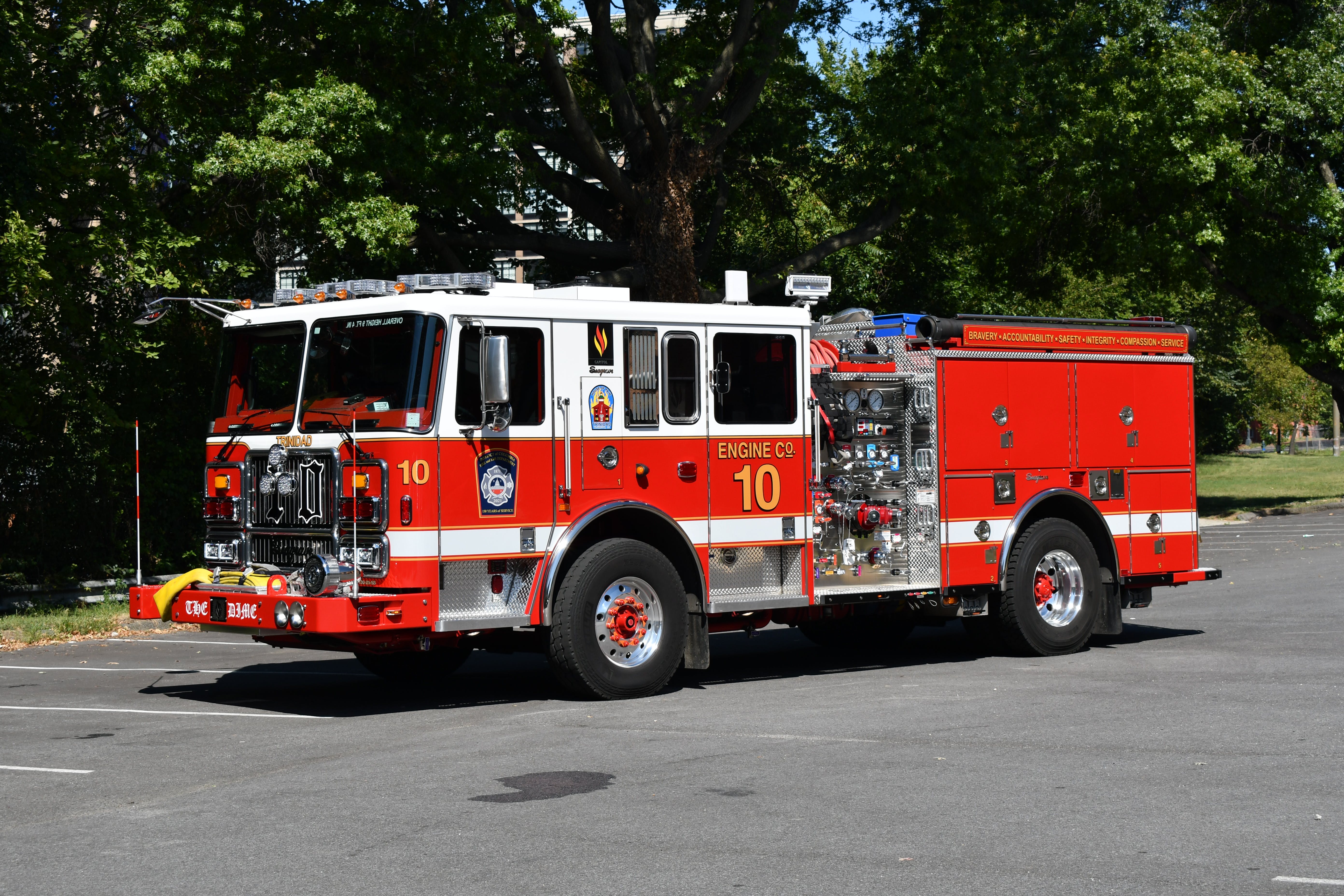 The District of Columbia Fire and EMS Department&rsquo;s (DCFEMS) Engine Company 10 operates this 2023 Seagrave Capitol cab model. Its wheelbase is 170&frac12; inches, and its overall length is 352 inches. The rig pumps 1,500 gpm from a 500-gallon tank. The vehicle is outfitted with a steel-reinforced front bumper that has a front intake and trash line and a low rear hosebed.