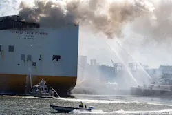 Crews continue to battle a fire on the Grande Costa D'Avorio in Port Newark a day after two Newark firefighters died in the fire. Crews continue to battle a fire on the Grande Costa D'Avorio in Port Newark a day after two Newark firefighters died in the fire.