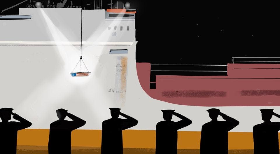 A Newark firefighter receives a salute as his body is removed from the ship.