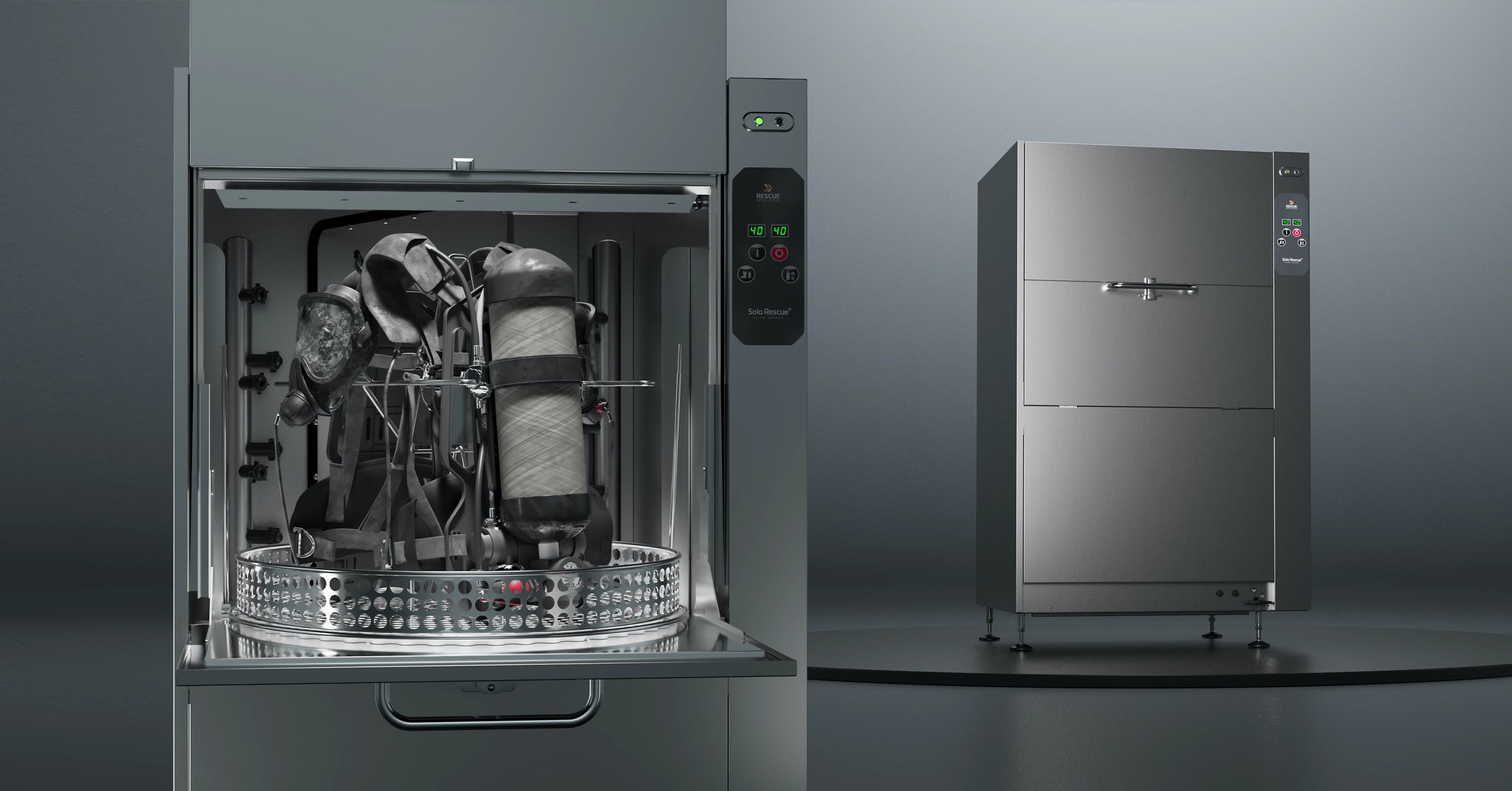 The Solo Rescue Decon Washer provides optimized cleaning with an innovative rotating basket system.