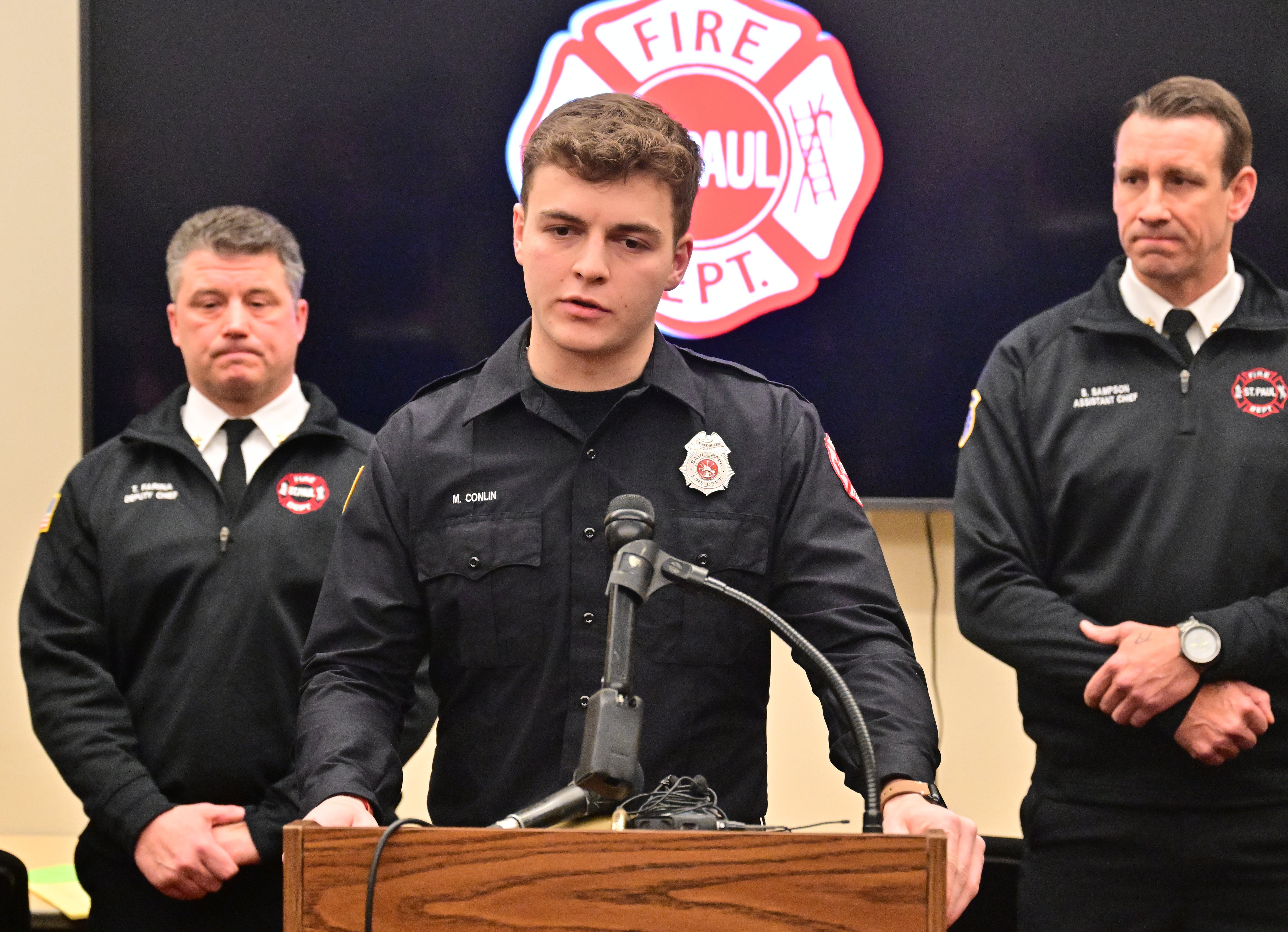 St. Paul firefighter Mason Conlin details his efforts to rescue two children during the Jan. 3 house fire at the St. Paul Fire Department headquarters on Saturday.