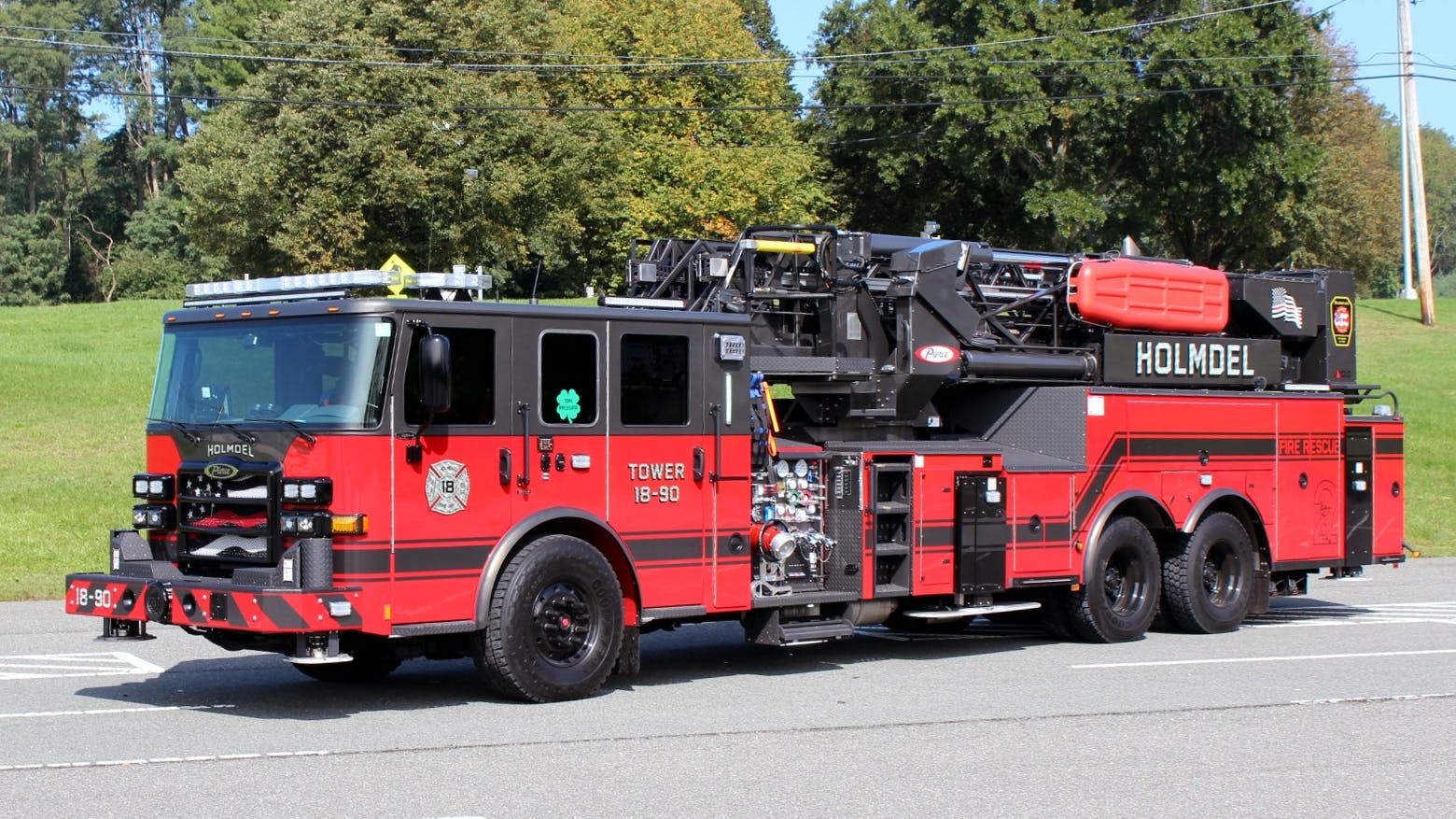 The Holmdel Fire Department placed this 100-foot mid-mount tower ladder from Pierce in service.