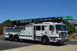 The Dunkirk, MD, Volunteer Fire Department’s 2020 Seagrave 100-ft. aerial ladder is outfitted with both rear-body and side-stacked ground ladders. Note the green portion of the fly section, which can be replaced if damaged, with the tip of the ladder clear of any components, which would impede operations. The Dunkirk, MD, Volunteer Fire Department’s 2020 Seagrave 100-ft. aerial ladder is outfitted with both rear-body and side-stacked ground ladders. Note the green portion of the fly section, which can be replaced if damaged, with the tip of the ladder clear of any components, which would impede operations.