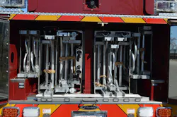 PGFD’s Truck 802 is equipped with 377 feet of ground ladders, with a 45-ft. Bangor and three 35-ft. and one 24-ft. extension ladders individually banked. The New York roof hooks are mounted so as to not block any ladder within the ladder bay. PGFD’s Truck 802 is equipped with 377 feet of ground ladders, with a 45-ft. Bangor and three 35-ft. and one 24-ft. extension ladders individually banked. The New York roof hooks are mounted so as to not block any ladder within the ladder bay.