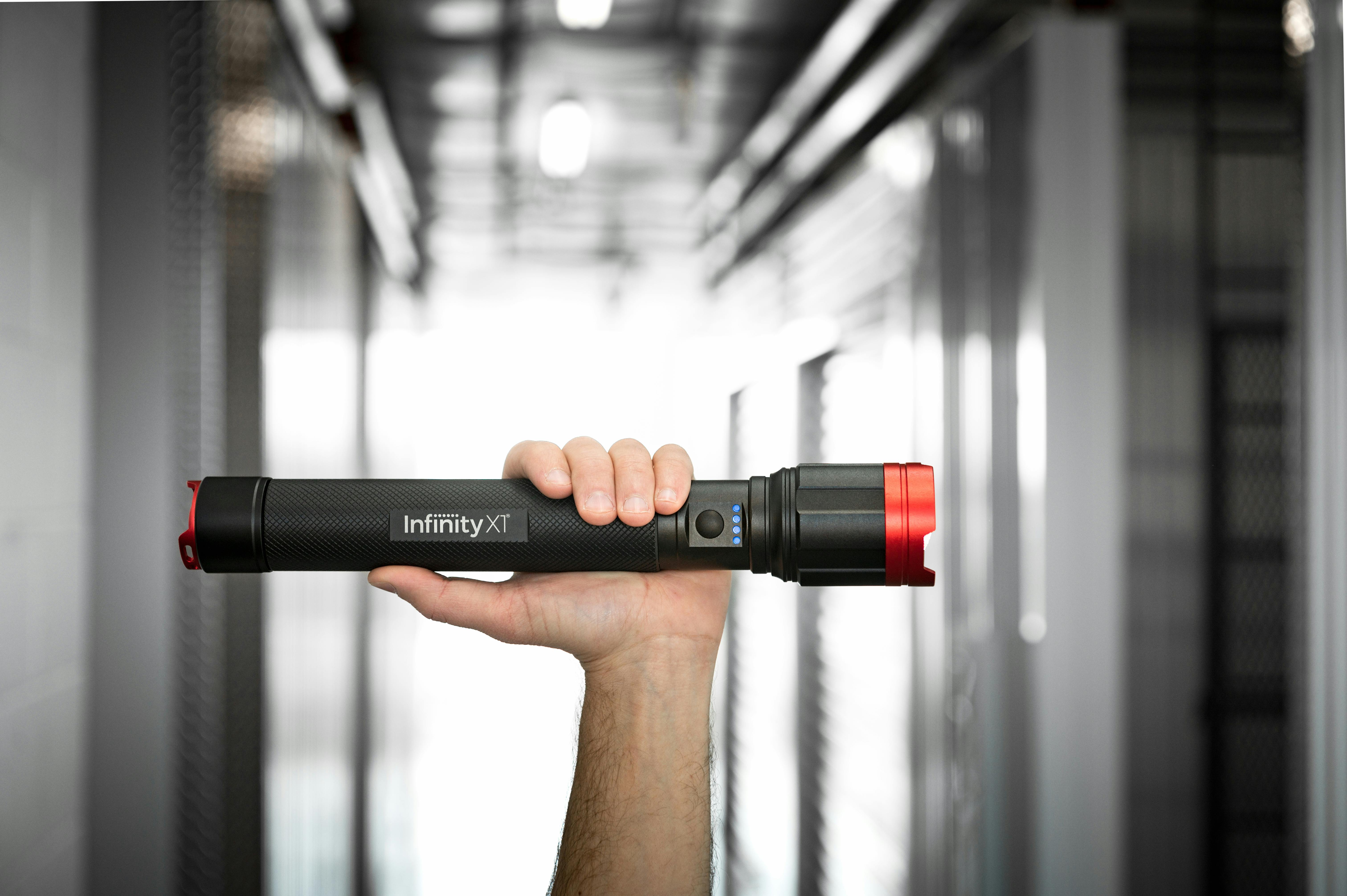 Powerfully bright, the Infinity X1 5000L Dual Power Focusing Flashlight can be operated in low, medium, or high beam modes.