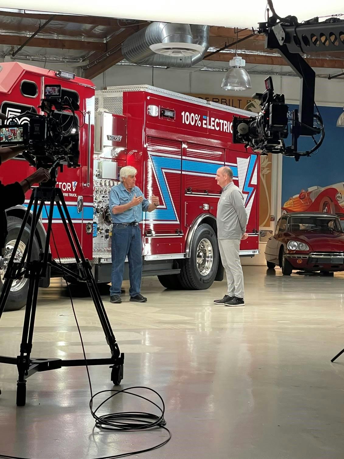 Jay Leno interviews REV Specialty Vehicles President Mike Virnig about Vector&trade;, the all-electric North American-style fire truck.