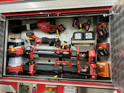 Burying battery-powered tools that are needed for truck work in the back of the rig—unlike the organized storage that’s shown here—can limit what can be accomplished on the fireground severely. Burying battery-powered tools that are needed for truck work in the back of the rig—unlike the organized storage that’s shown here—can limit what can be accomplished on the fireground severely.