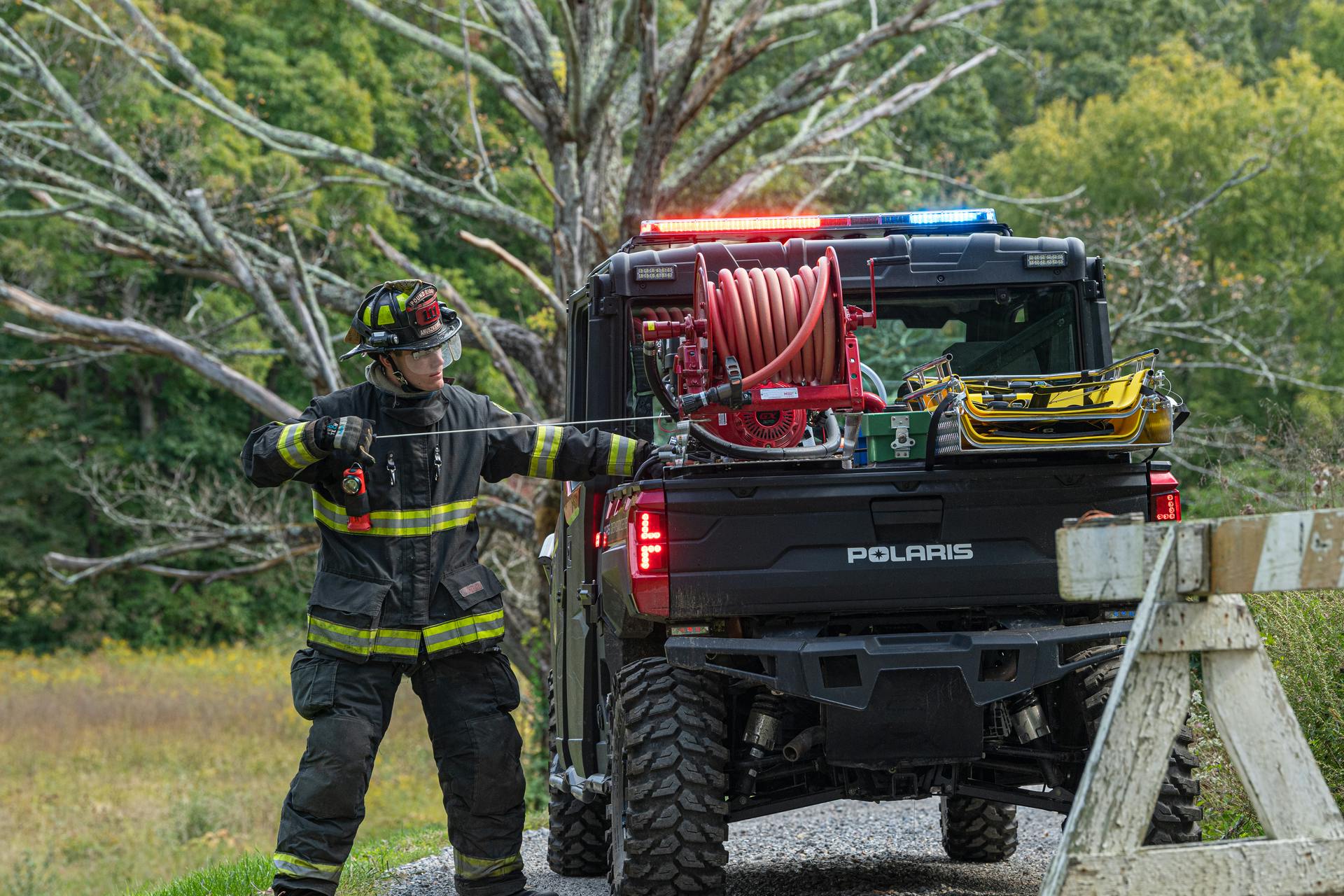 Polaris firefighting UTVs incorporate a professional system that is familiar, and fire skid packages incorporate a capable pump, hose and reel, tanks for water and foam and the ability to draft from an external water source.