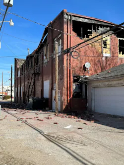 This post-fire view of the Charlie/Delta corner of the VFW building reveals that the brick wall was only one layer in thickness, which indicates that the wall wasn’t load-bearing. This post-fire view of the Charlie/Delta corner of the VFW building reveals that the brick wall was only one layer in thickness, which indicates that the wall wasn’t load-bearing.
